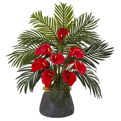 Calla Lilly and Areca Palm Artificial Arrangement in Stoneware Vase