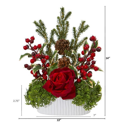 Rose, Holly Berry, Pine & Pinecone Artificial Arrangement in White Vase