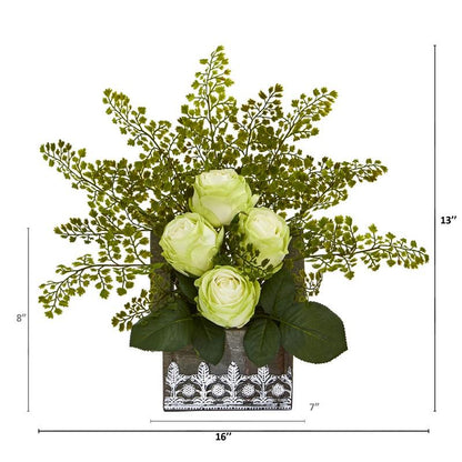 13" Rose and Maiden Hair Artificial Arrangement in Hanging Floral Design House Planter