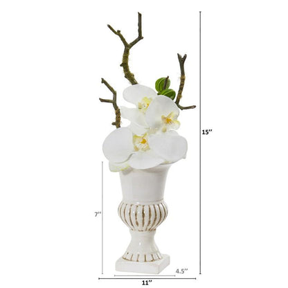 15" Phalaenopsis Orchid Artificial Arrangement in White Urn (Set of 2)