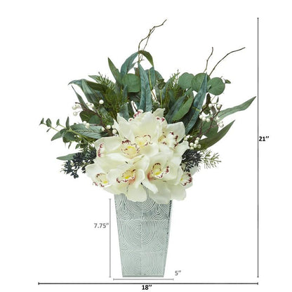 21" Cymbidium Orchid and Eucalyptus Artificial Arrangement